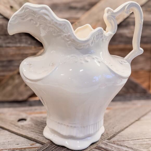 Vintage Arnel’s Victorian Style White Pottery Pitcher, Large, 10” x 10” - Picture 2 of 11